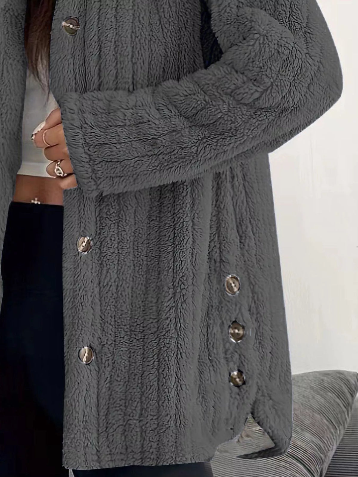 Full Size Fleece Button Up Hooded Outerwear Plus Size