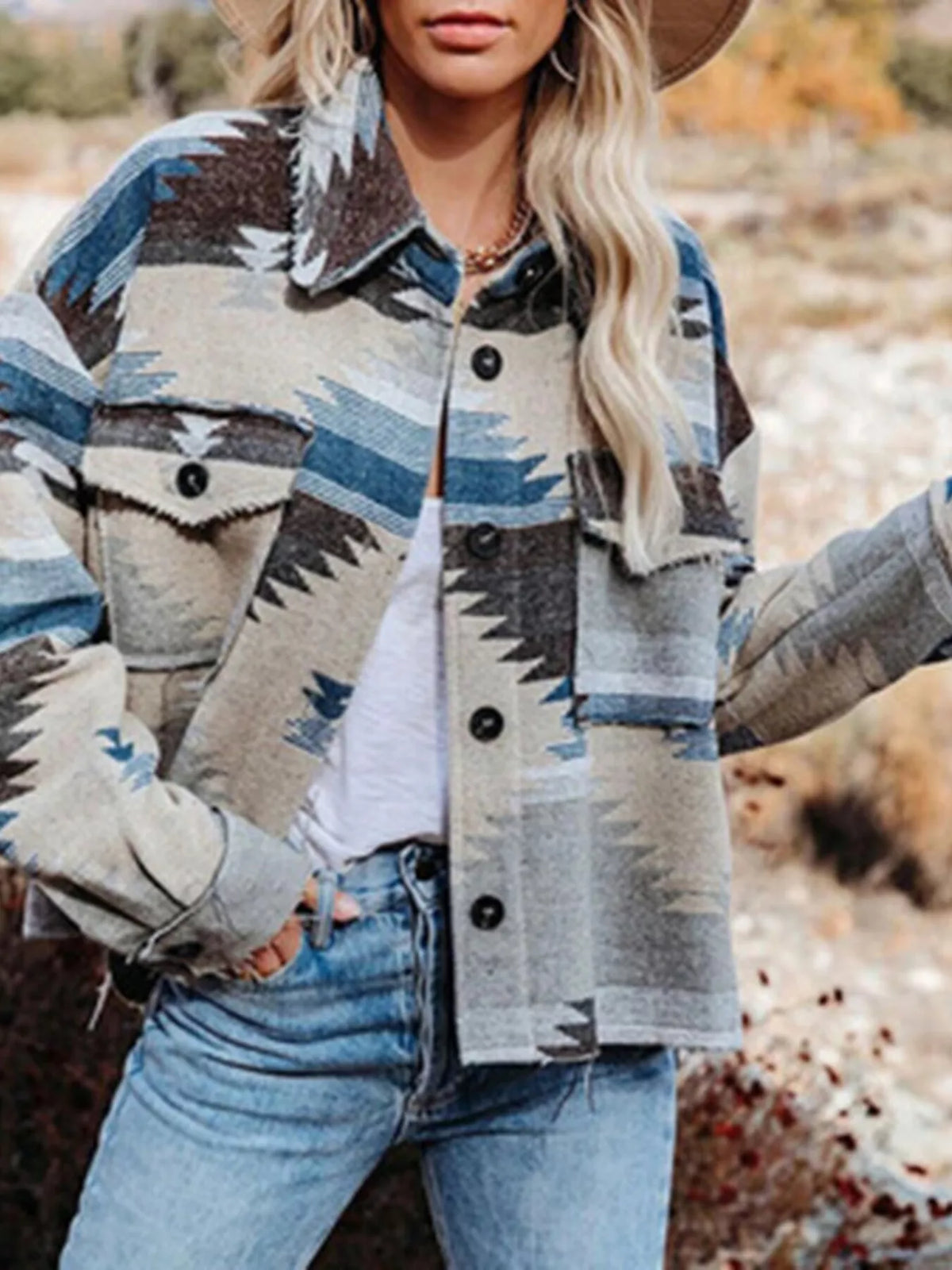 Geometric Button Up Jacket with Chest Pockets