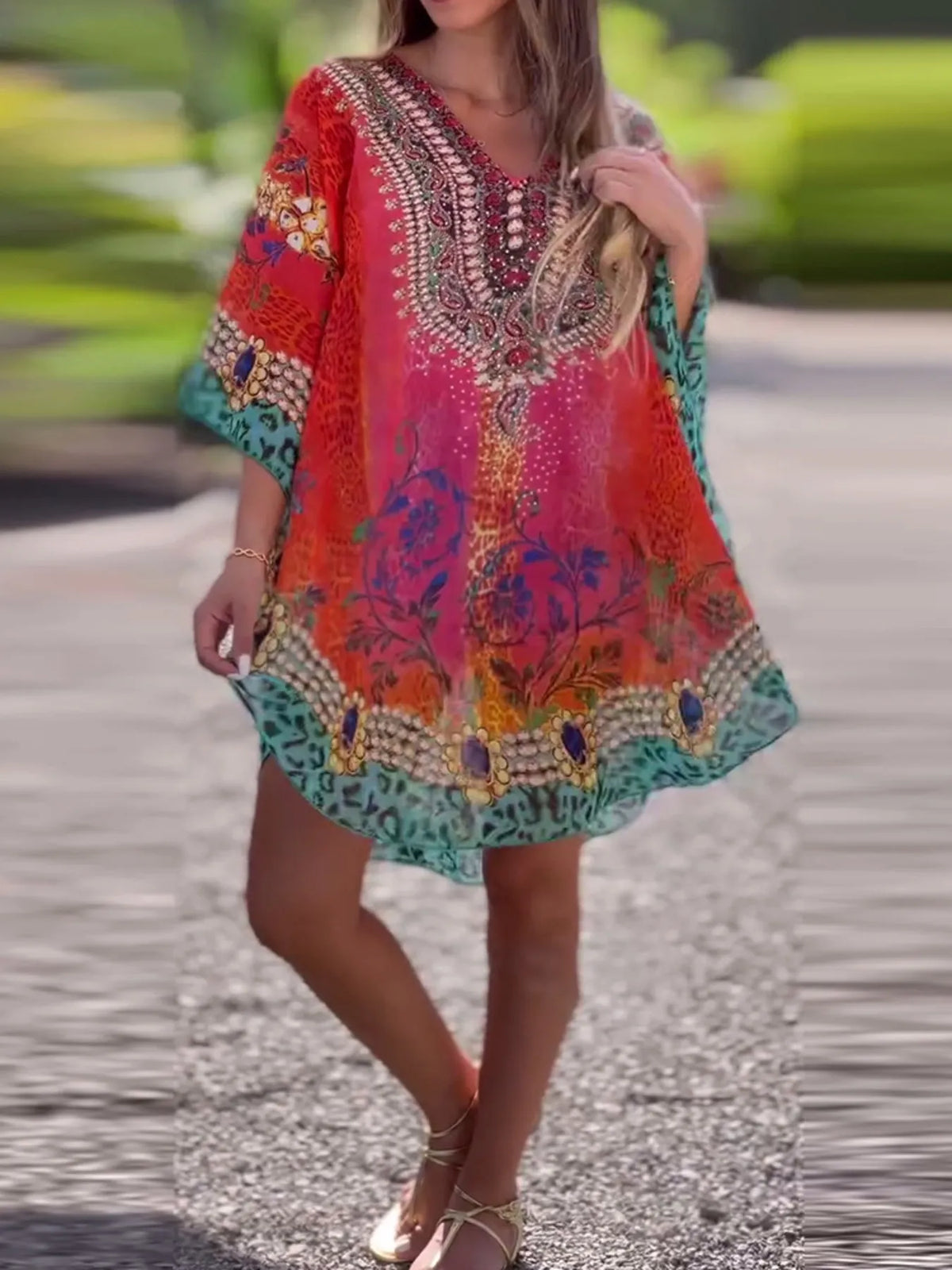 Floral Print V-Neck Cover Up