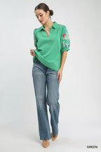 Umgee Seersucker Embroidered Sleeve Blouse