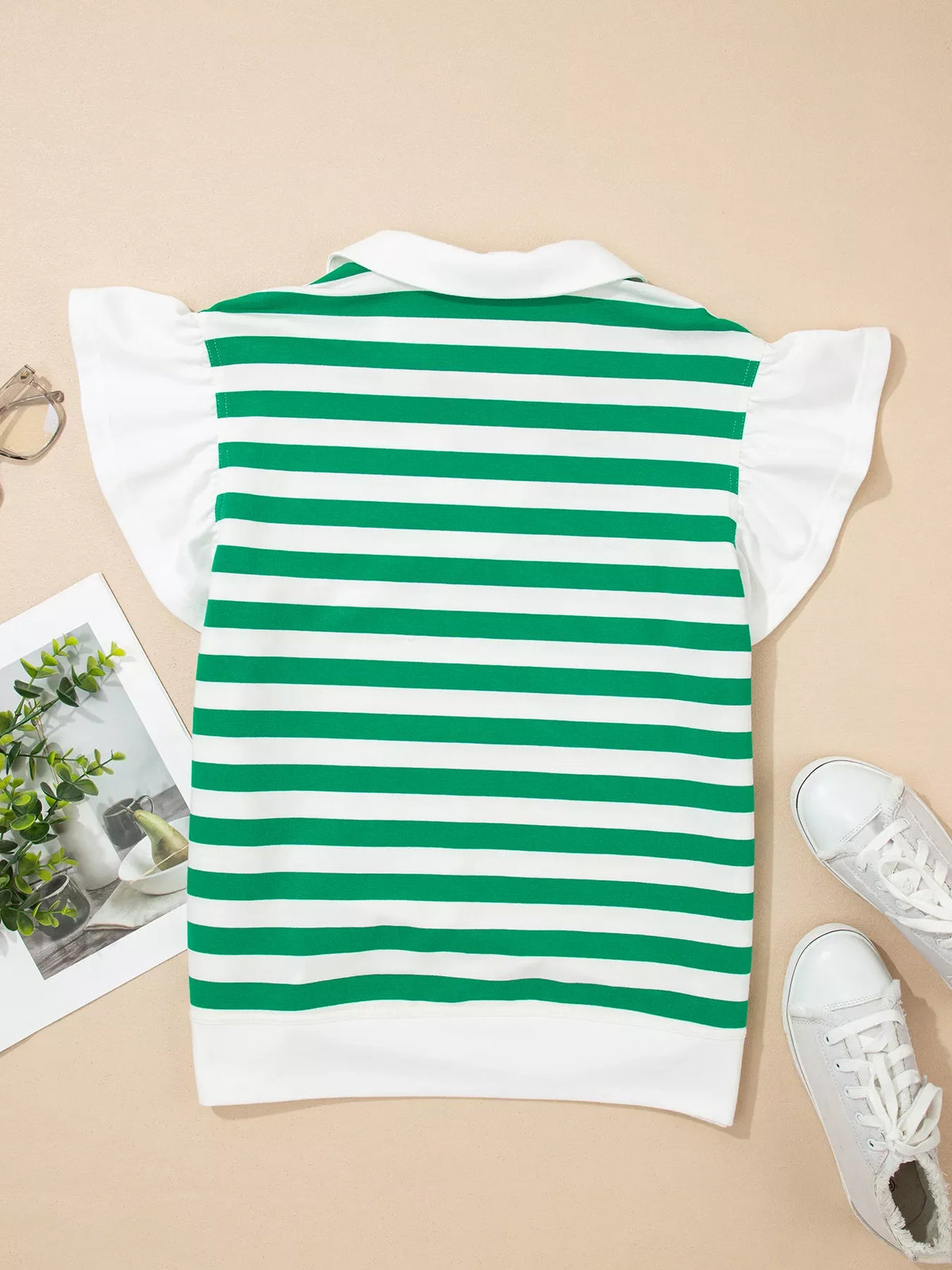 Stripe Collar V Neck Ruffled Short Sleeve Blouse