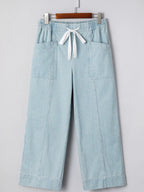 Stripe Mid Rise Drawstring Waist Jeans