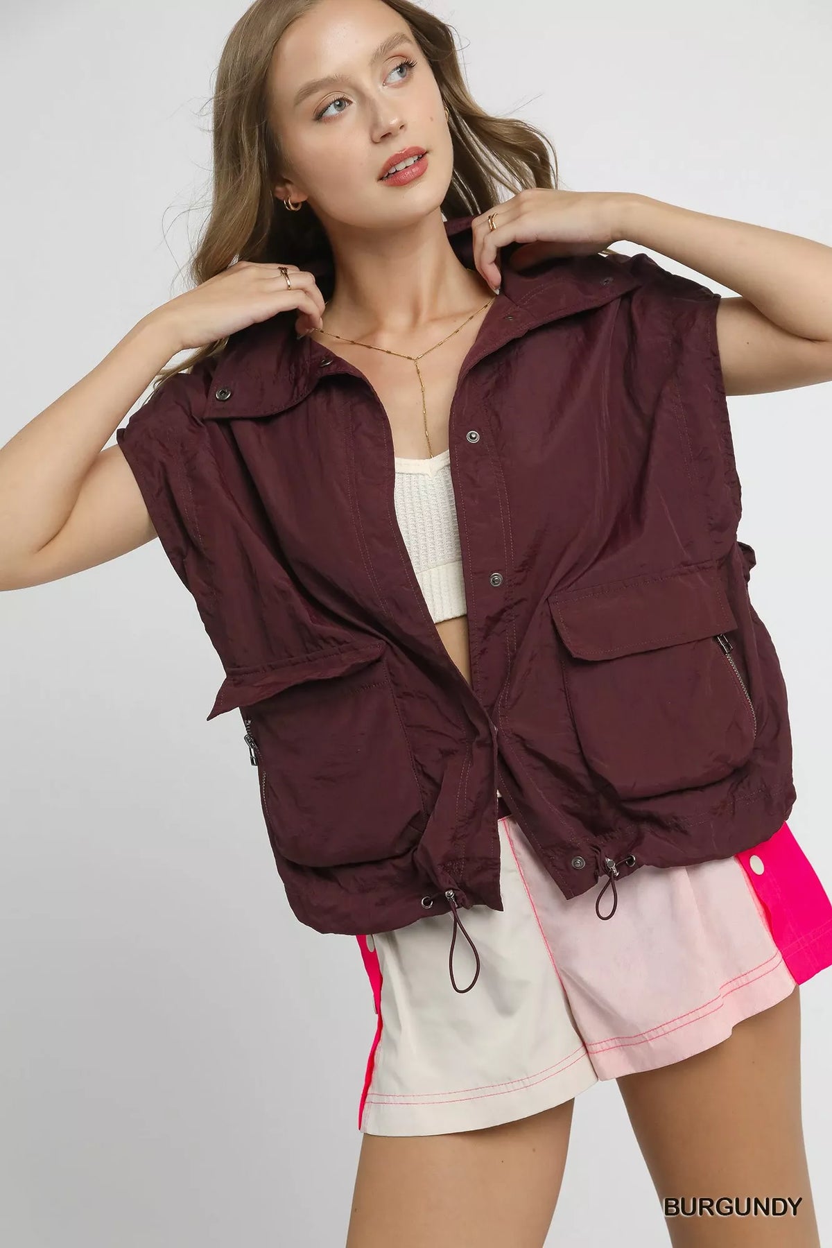 Umgee Drawstring Hem Nylon Vest with Pockets