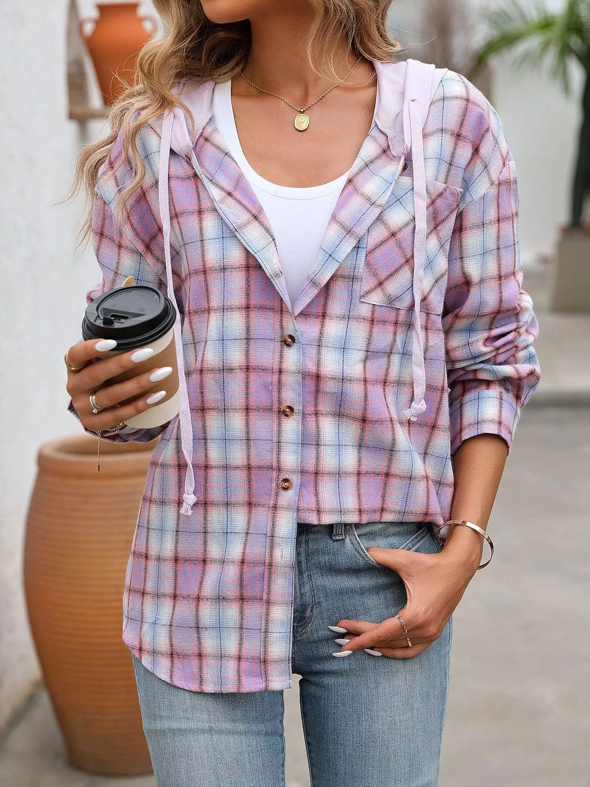 Hooded Plaid Button-Up Shirt