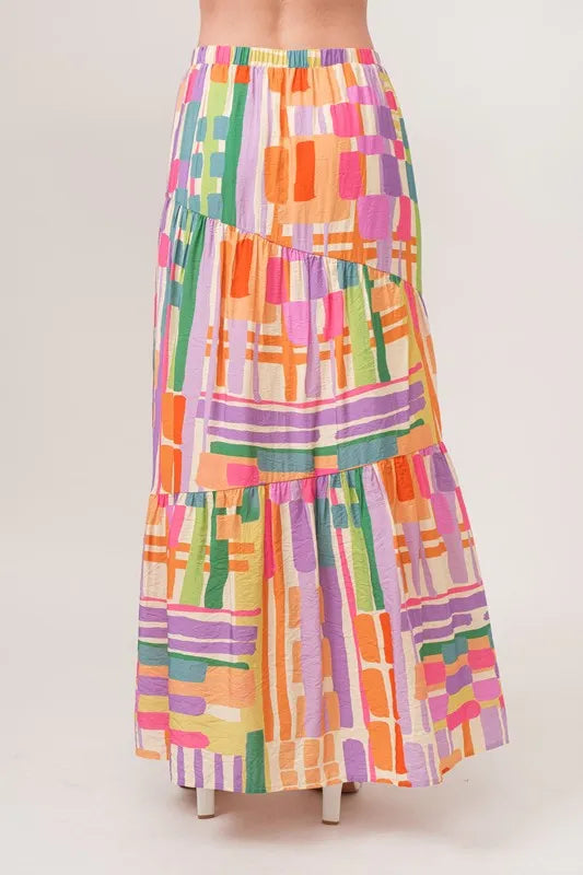 And The Why Asymmetric Geo Printed Tiered Maxi Skirt