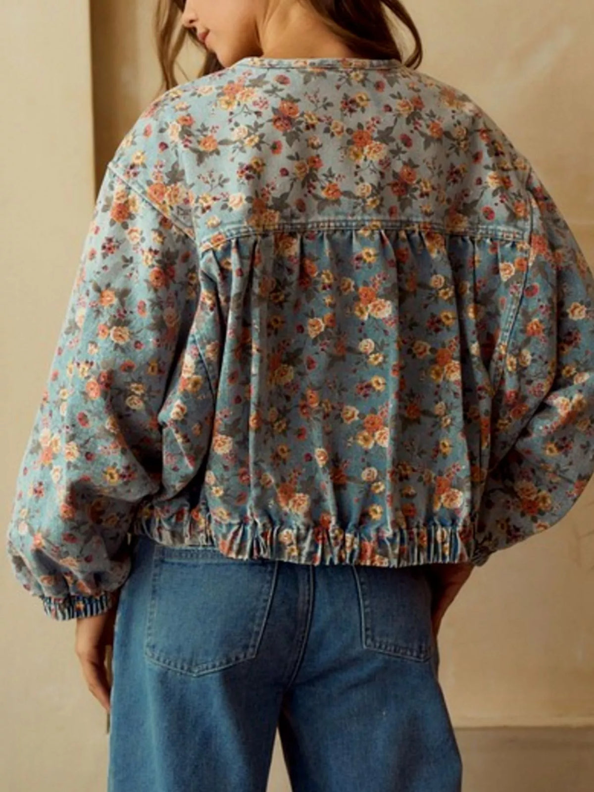 Floral Print Zip Up Cropped Denim Jacket