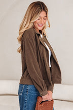 Solid Corduroy Lapel Collar Zip-Up Buttoned Jacket