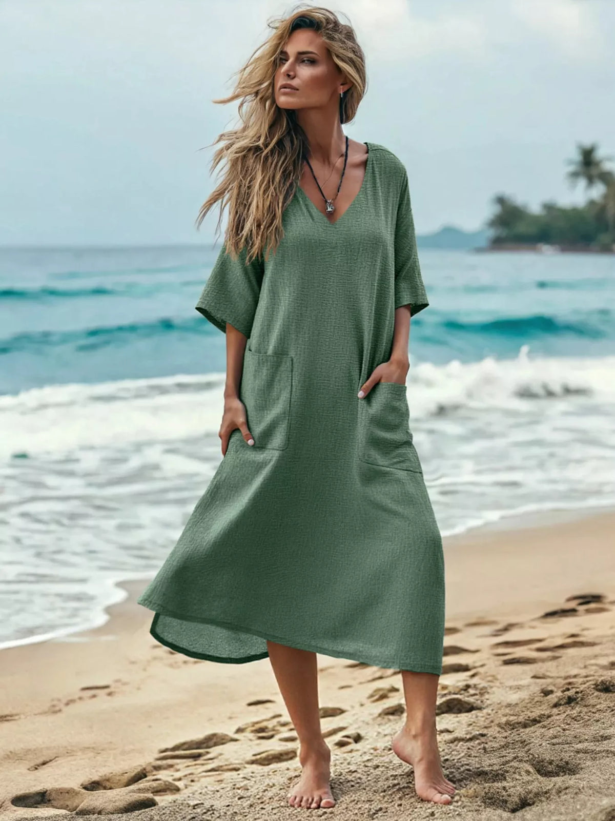 Plus Size V-Neck Half Sleeve Dress