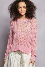 POL Openwork Round Neck High Low Knit Top