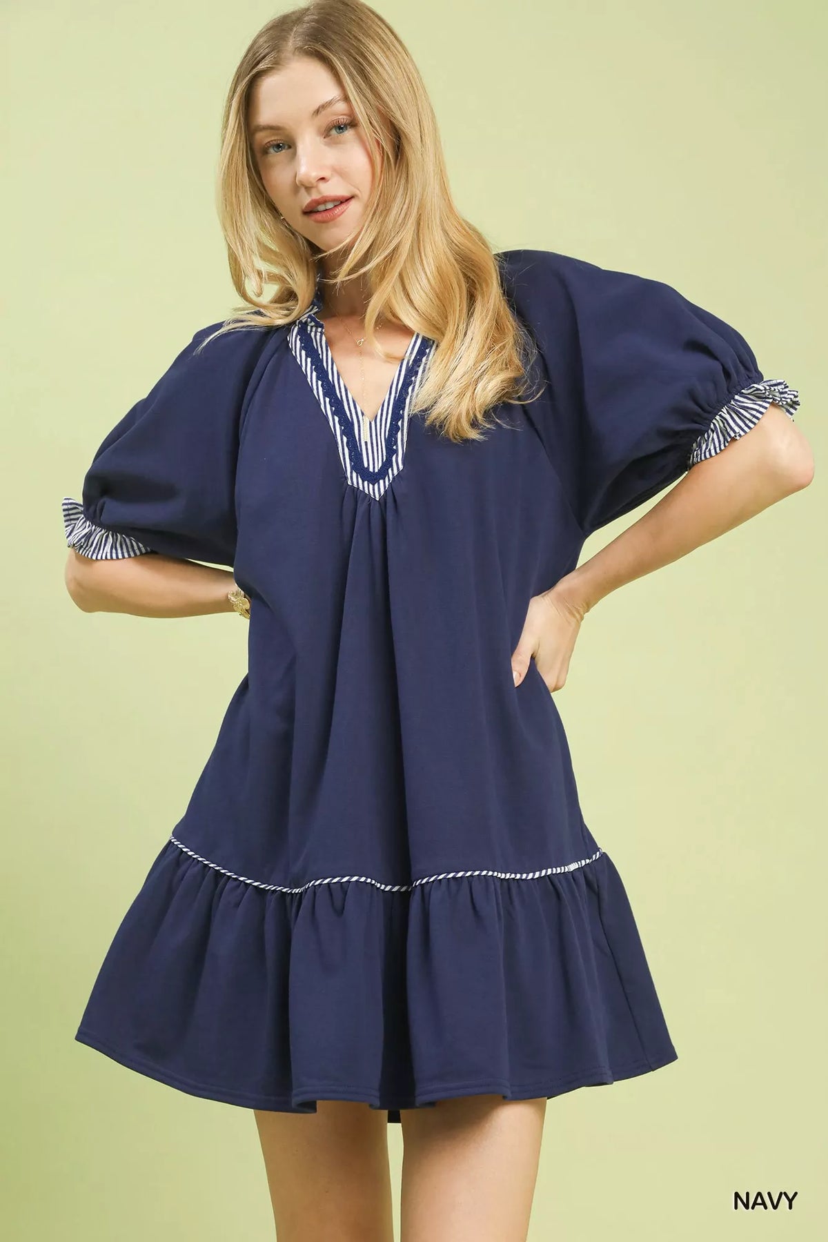 Umgee French Terry Mini Dress with Ruffled Striped Trim