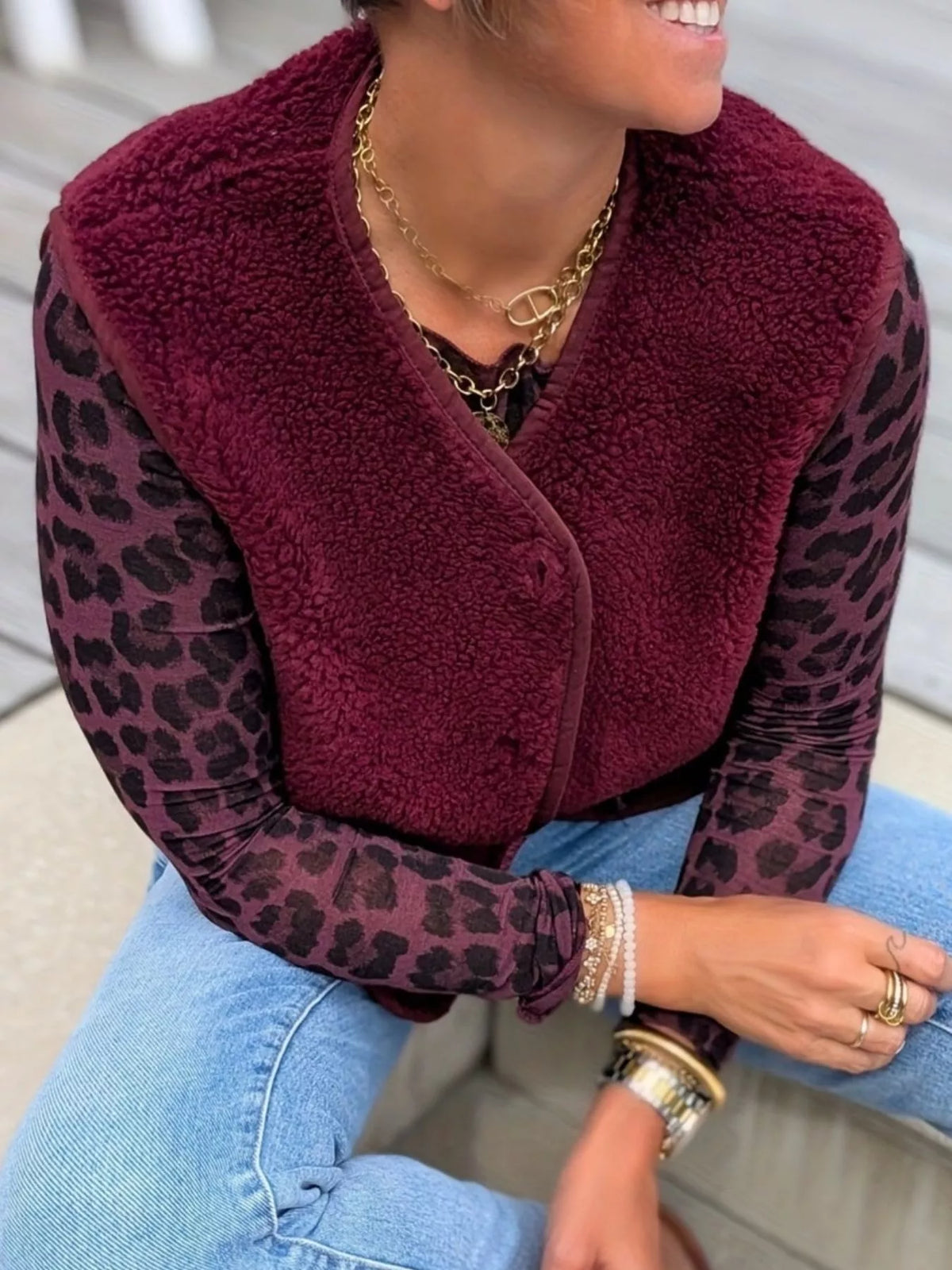 Fleece Button-Down Vest Coat
