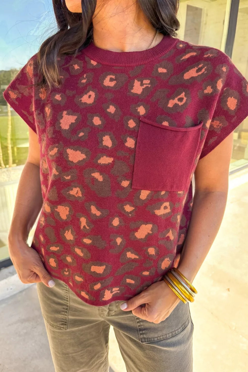 Leopard Print Cap Sleeve Knitted Top