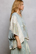 POL Floral Star Patch Hooded Blouse with Lace Contrast Detail