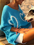Heart V-Neck Dropped Shoulder Sweater