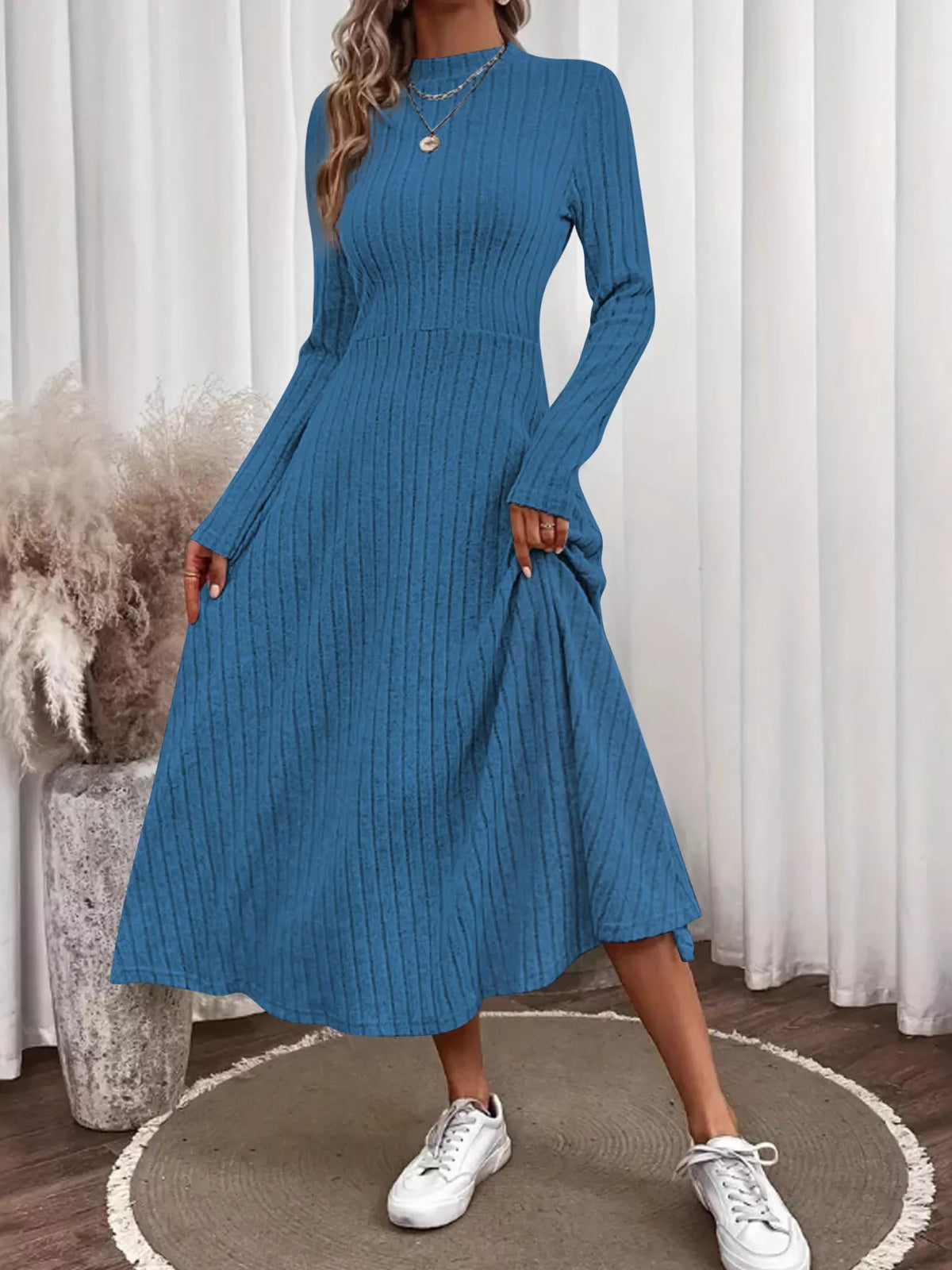 Ribbed Knit Long Sleeve Midi Dress