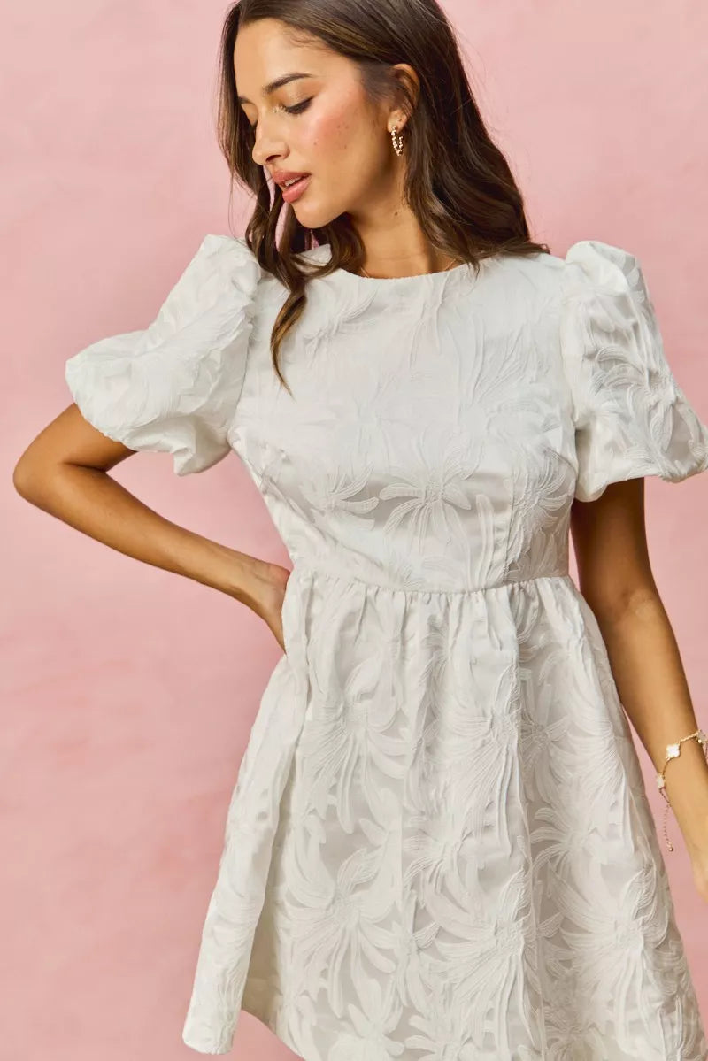 SO ME Floral Jacquard Bubble Shorts Sleeves Mini Dress