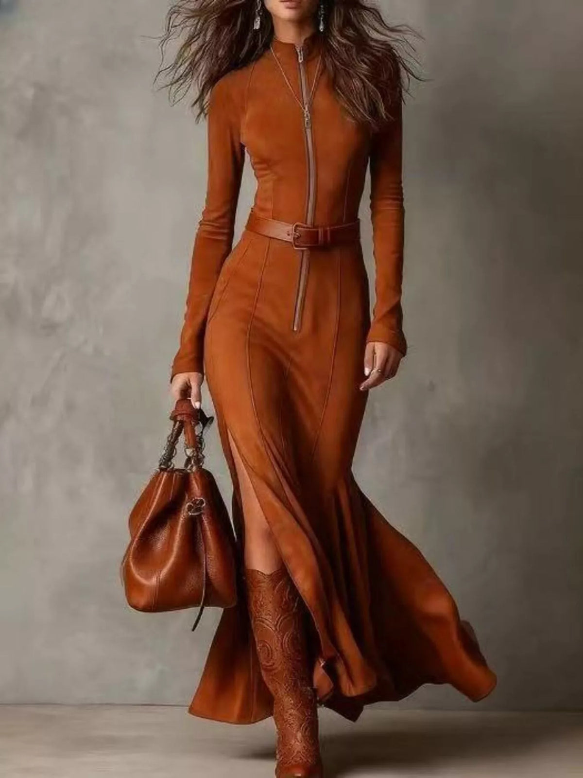 Full Size Slit Zipper Front Maxi Dress Plus Size