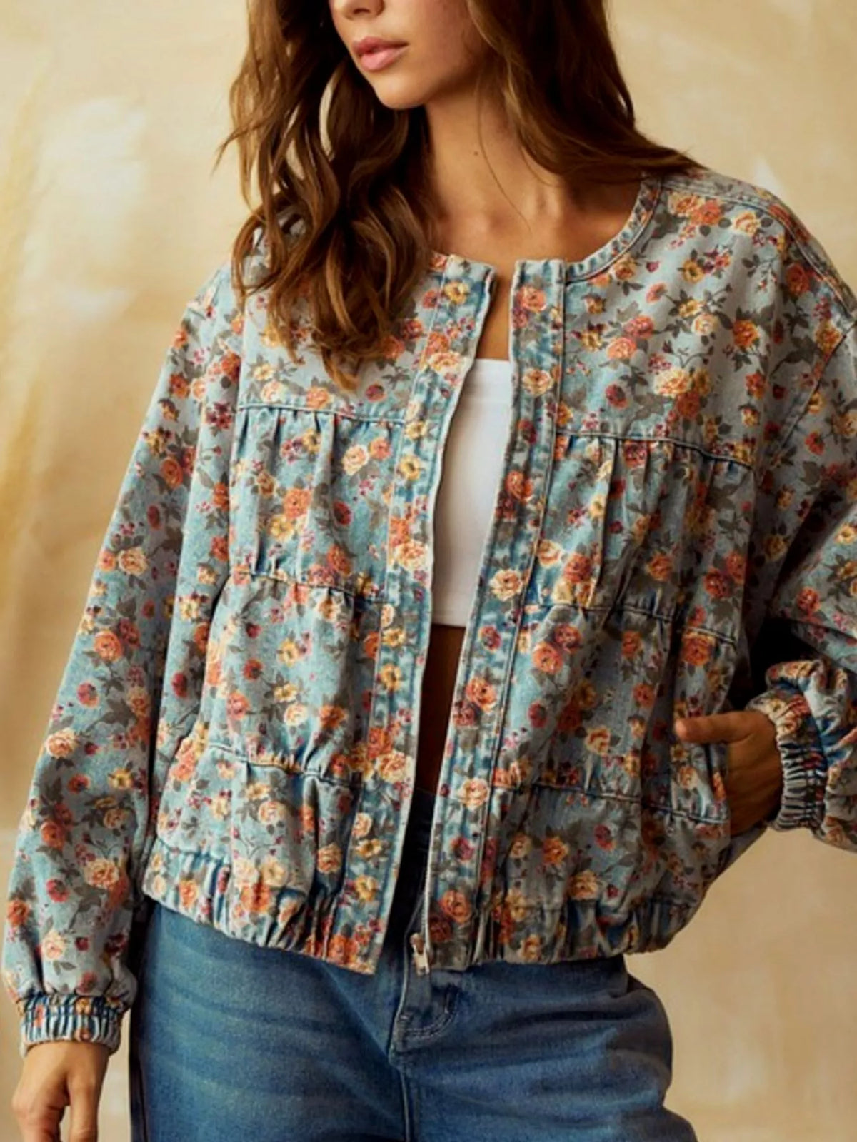 Floral Print Zip Up Cropped Denim Jacket