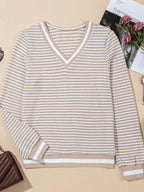 Striped Textured Knit V Neck Top