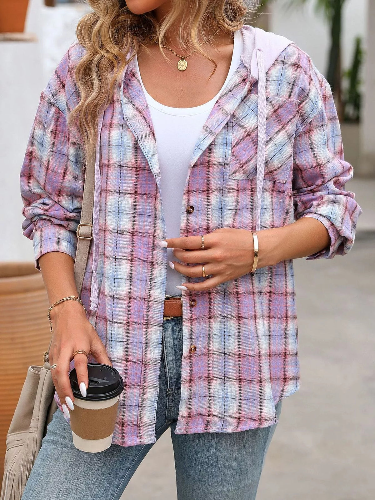Hooded Plaid Button-Up Shirt