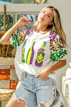 BiBi Sequin Mardi Gras Bottles Spangled Sleeve Top