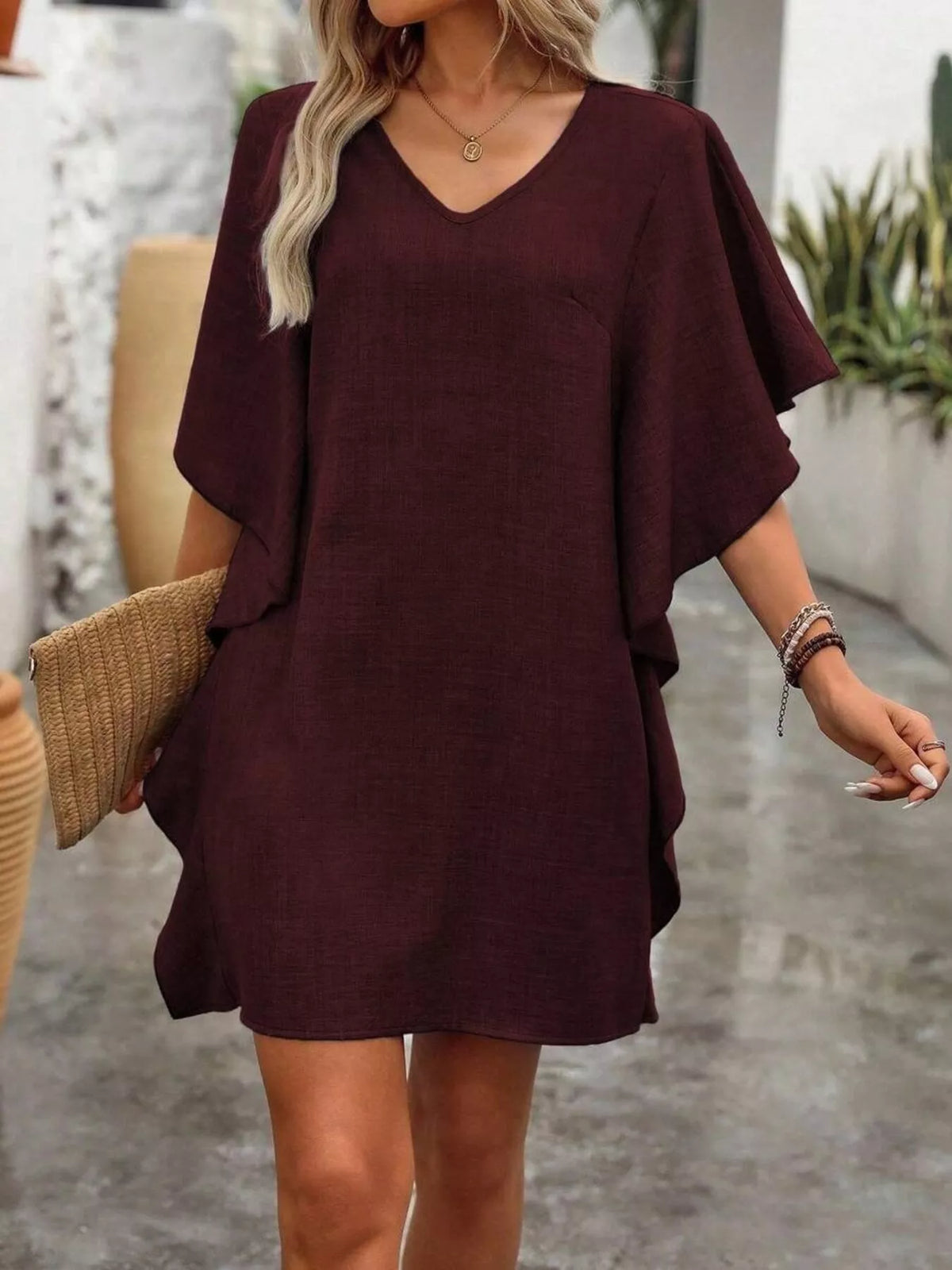 Ruffled Flutter Sleeve V-Neck Mini Dress