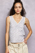 POL Ruched Floral V-Neck Tank with Lace Detail