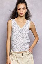 POL Ruched Floral V-Neck Tank with Lace Detail