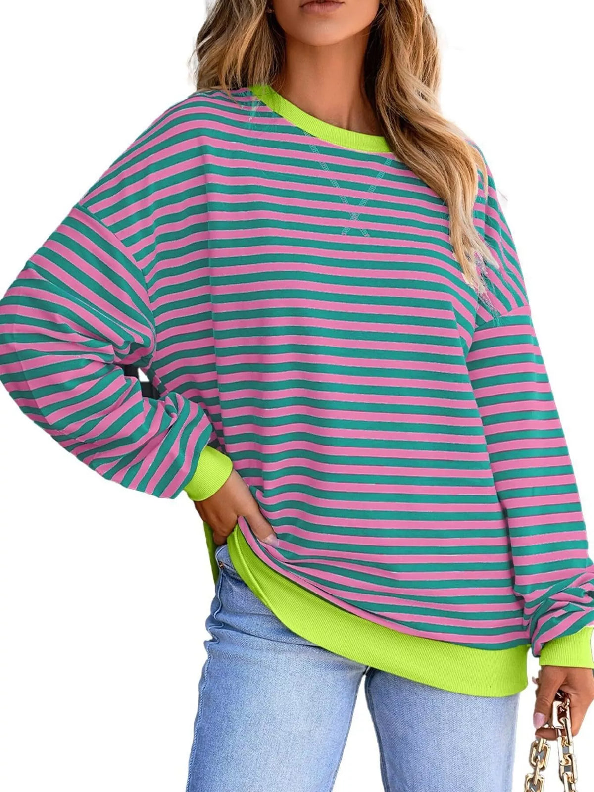 Striped Round Neck Dropped Shoulder Sweatshirt