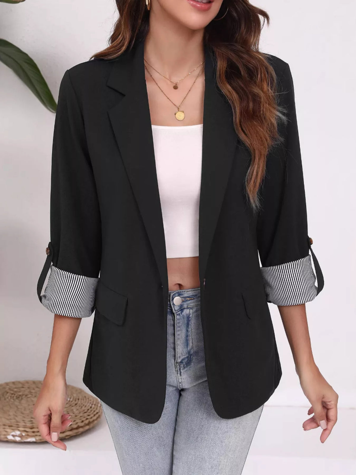 Lapel Collar Roll-Up Sleeve Blazer