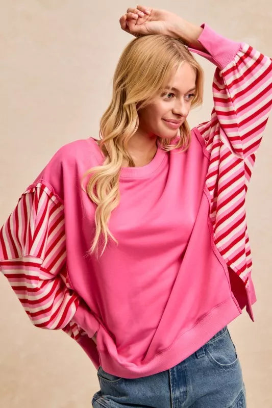 BiBi French Terry Stripe Combo Sweatshirt with Open Seam