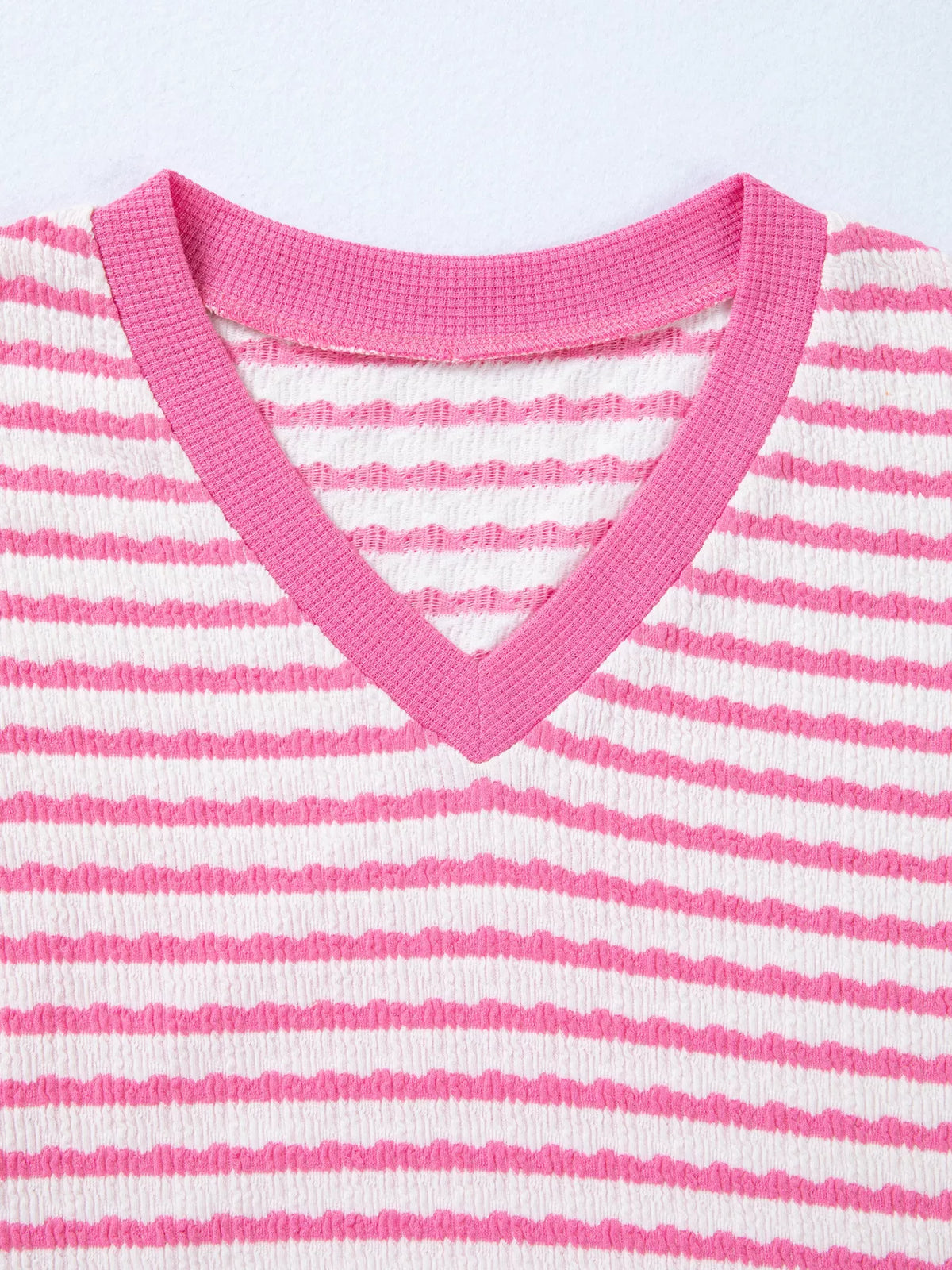 Stripe Textured Knit Contrast Trim V Neck Short Sleeve Top