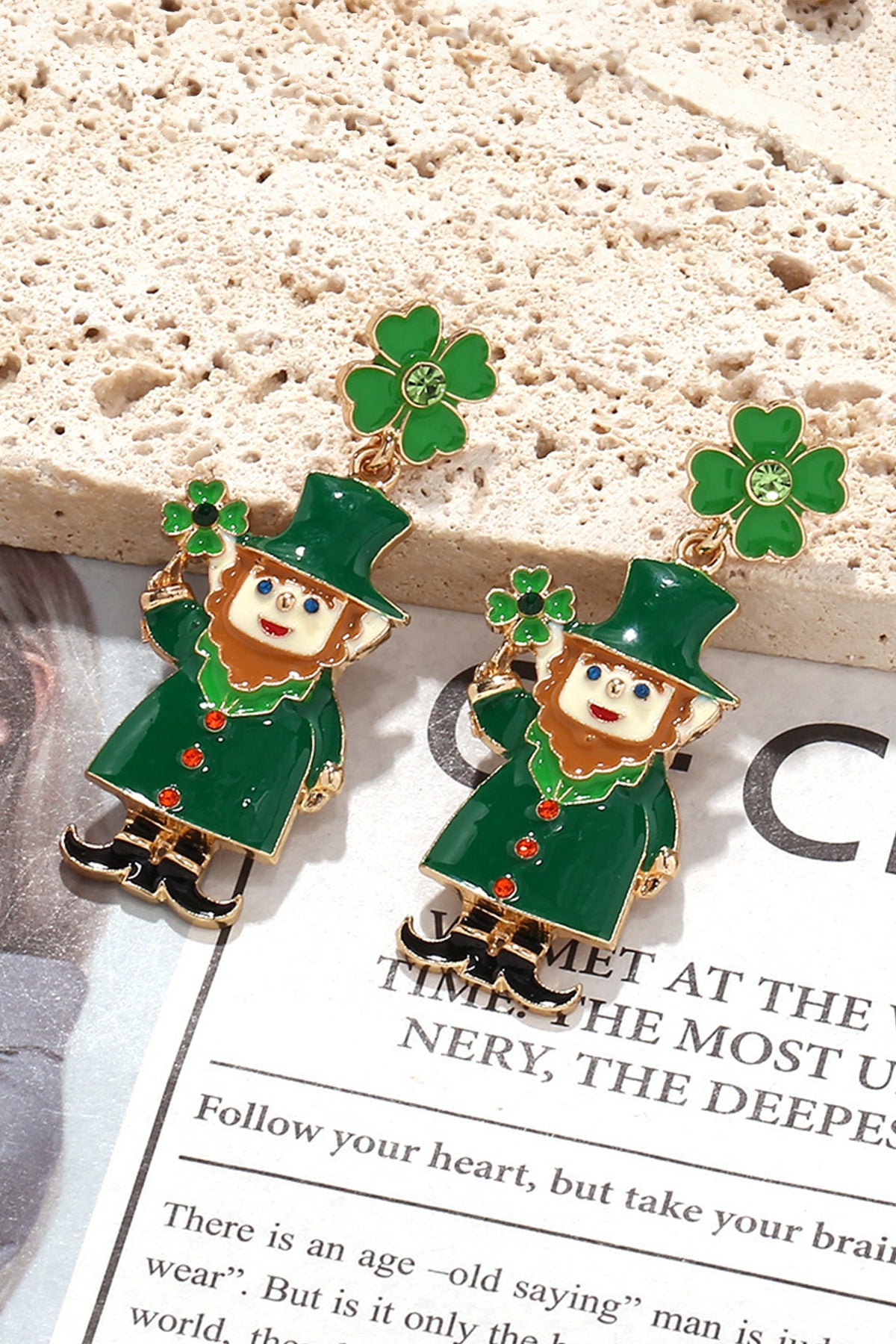 Dark Green St Patricks Day Enameled Leprechaun Drop Earrings