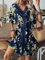 Crochet Front V-Neck Printed Cover-Up