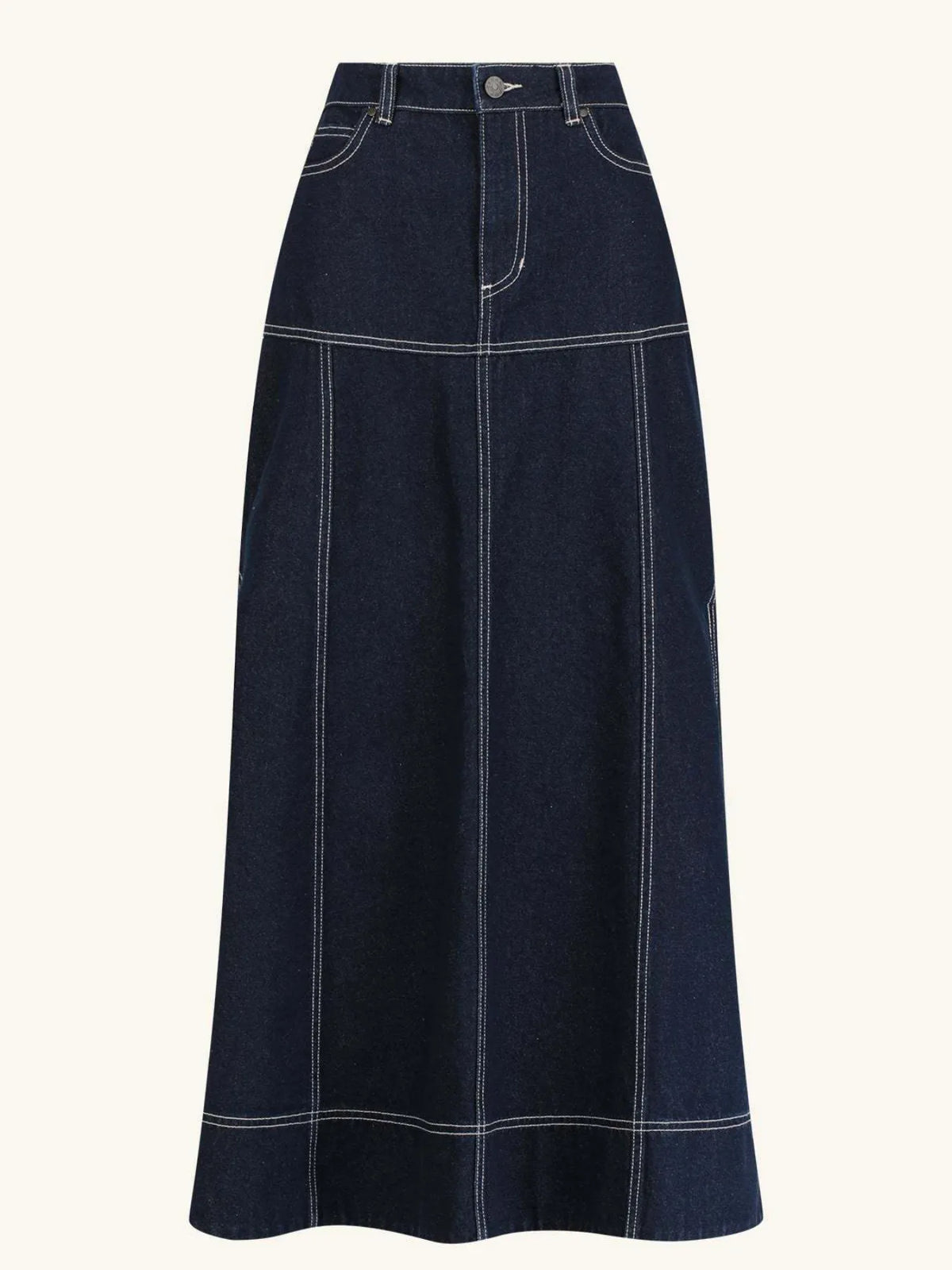 High-Waist Side Slit Contrast Stitch Denim Maxi Skirt