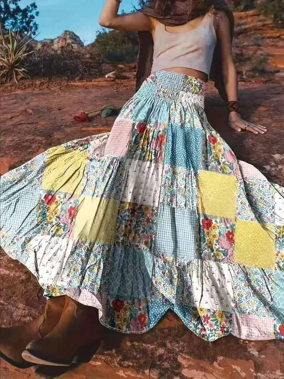 Smocked Waist Printed Maxi Skirt