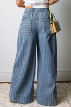 Stripe Button Pleated Drawstring Waist Casual Wide Leg Jeans