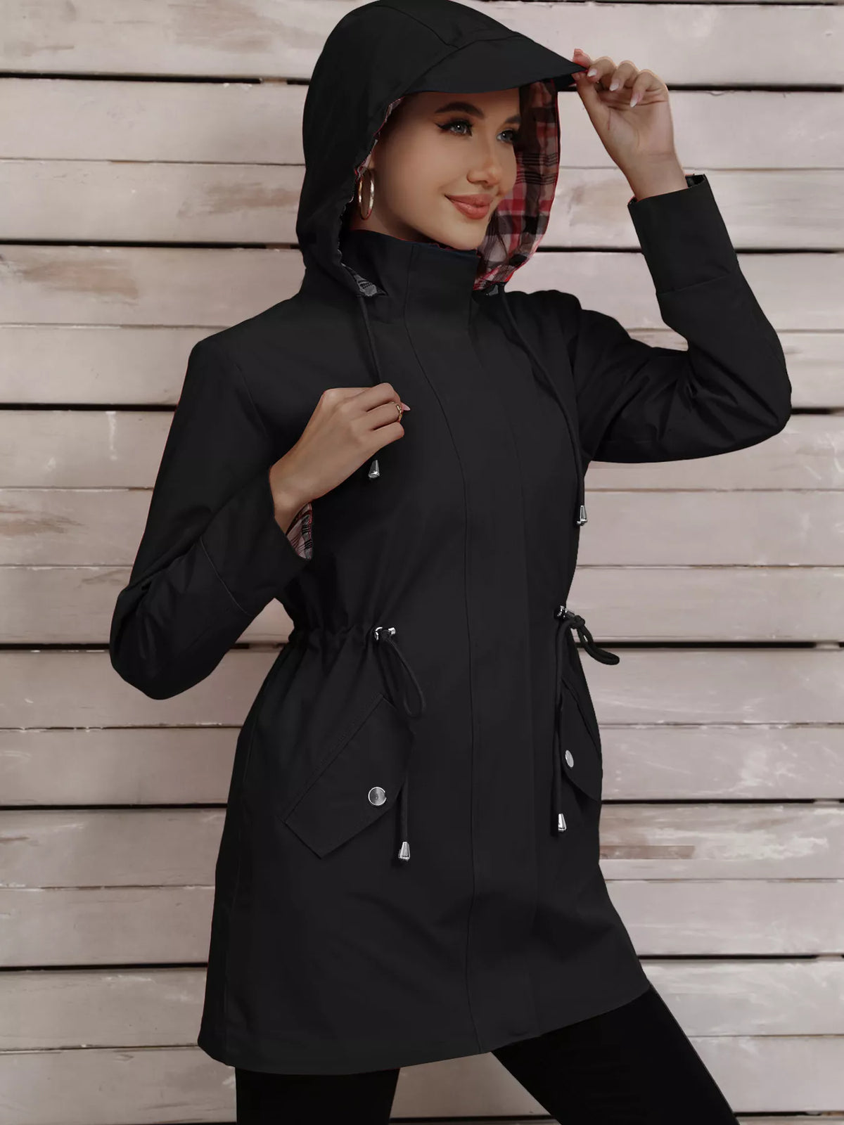 Drawstring Snap-Down Trench Coat
