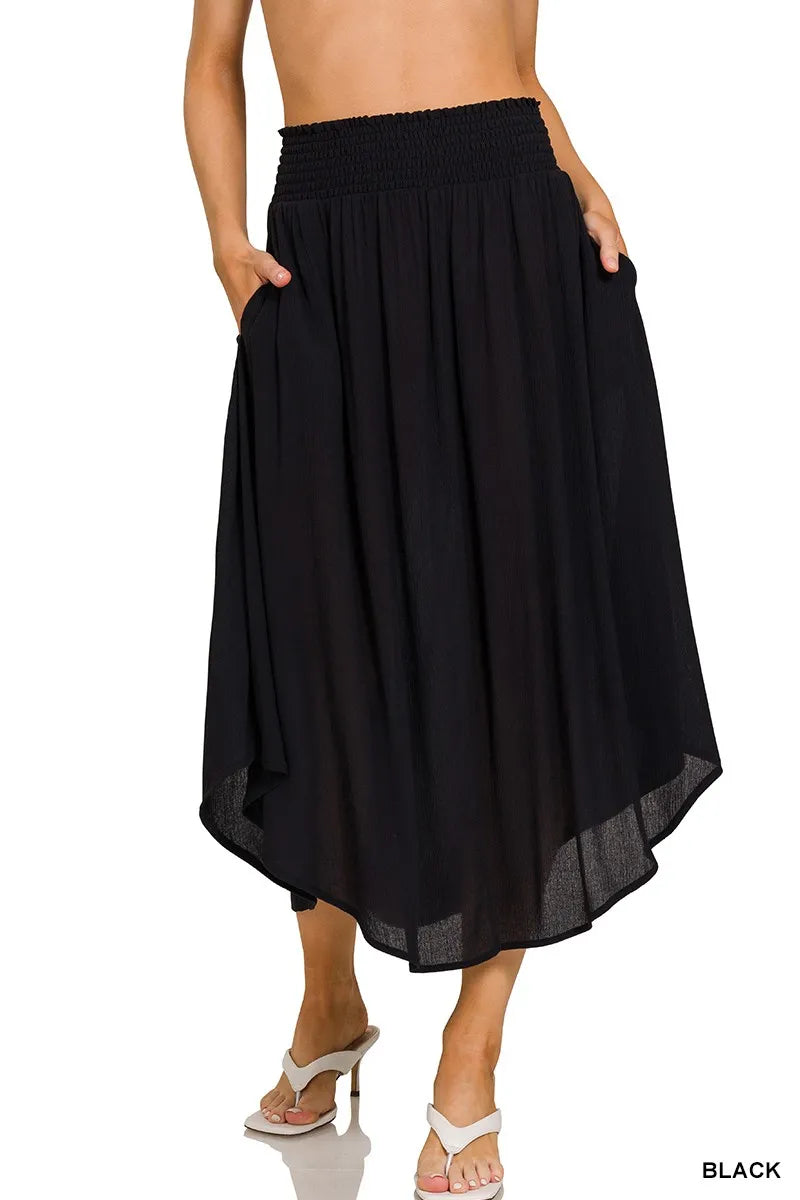 Zenana Woven Crinkle Smocked Waist Maxi Skirt W Pockets