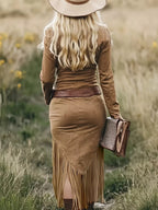 Zip Front Long Sleeve Fringe Dress
