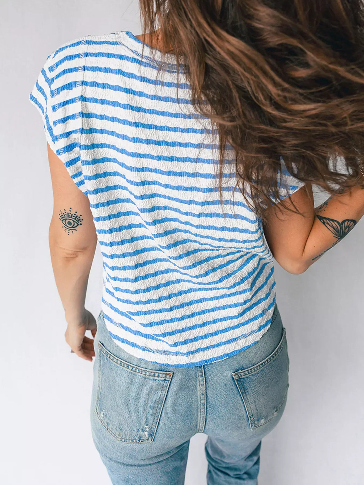 Stripe Textured Short Sleeve Patchwork T Shirt