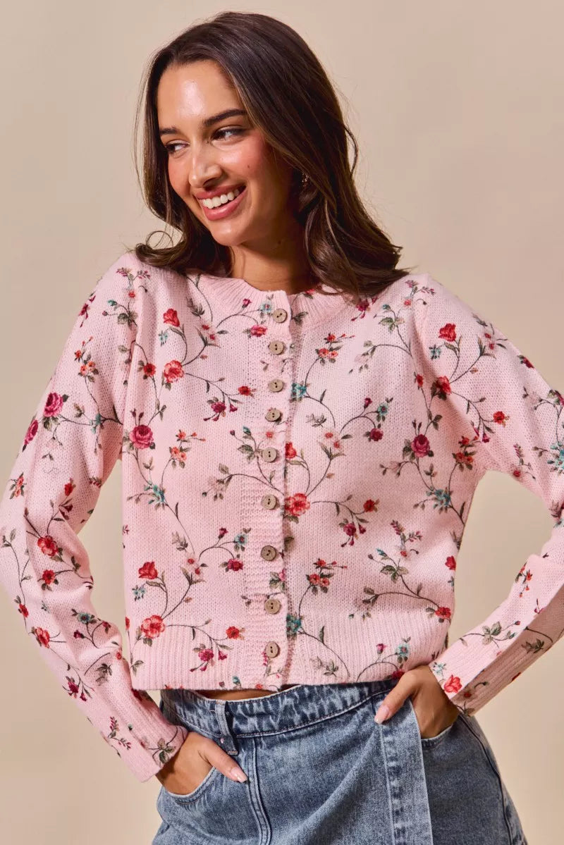 SO ME Floral Print Button Front Sweater Cardigan Top
