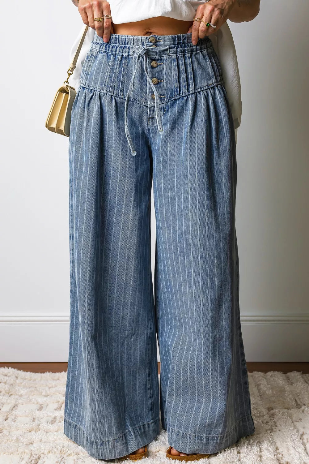 Stripe Button Pleated Drawstring Waist Casual Wide Leg Jeans