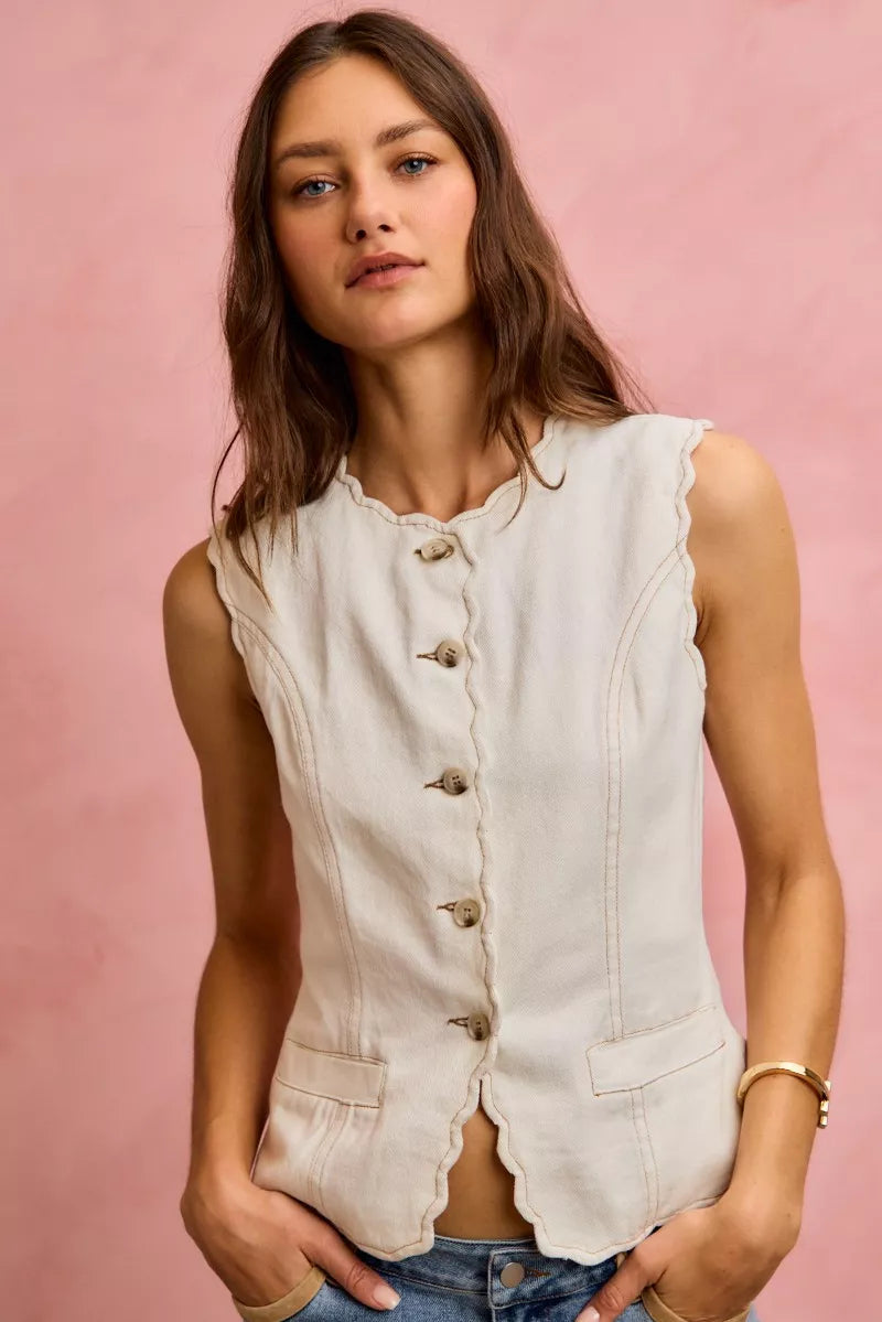 SO ME Scalloped Edge Cotton Twill Washed Vest Top
