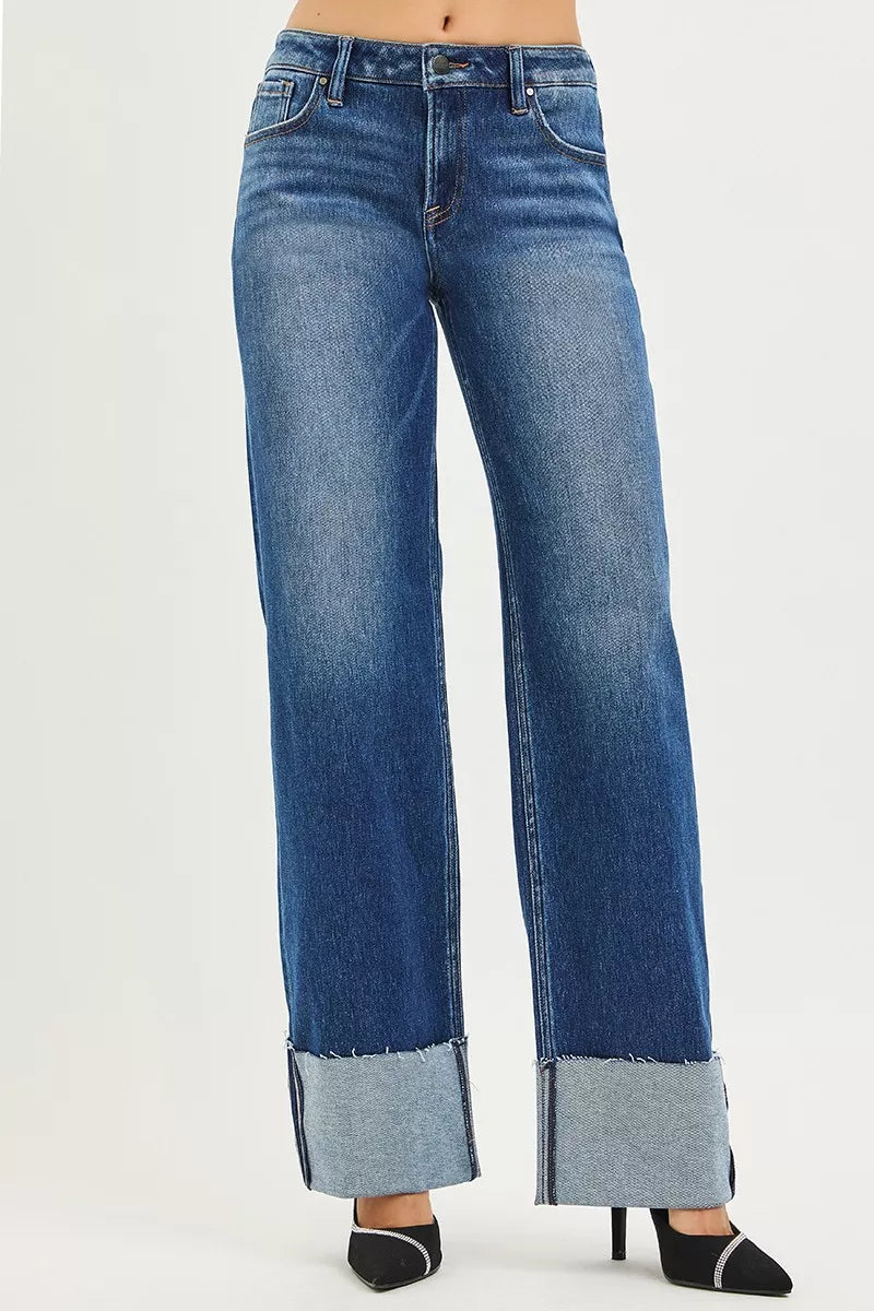 RISEN Mid Rise Wide Straight Jeans With Wide Cuff