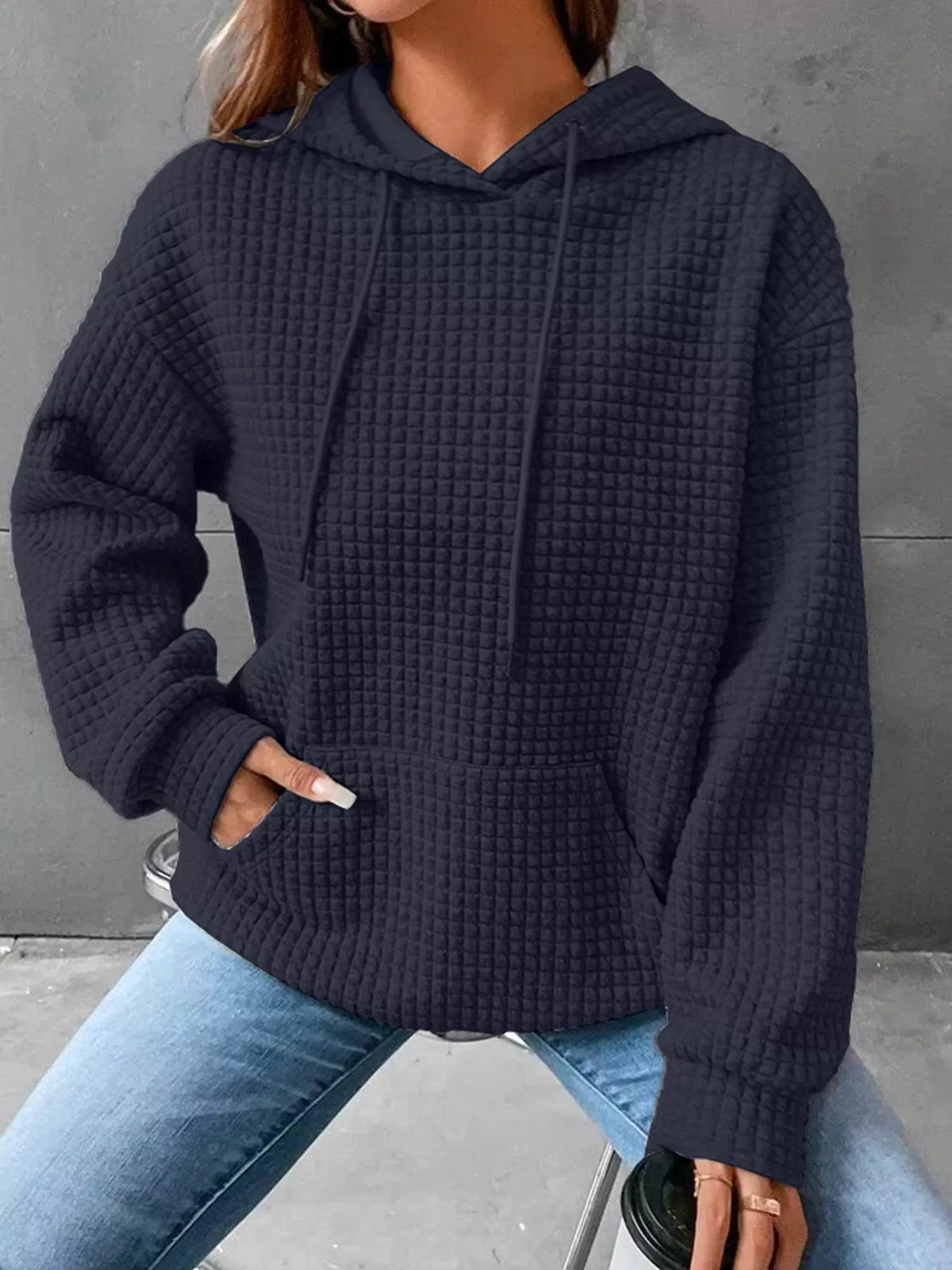 Full Size Textured Kangaroo Pocket Hoodie Plus Size