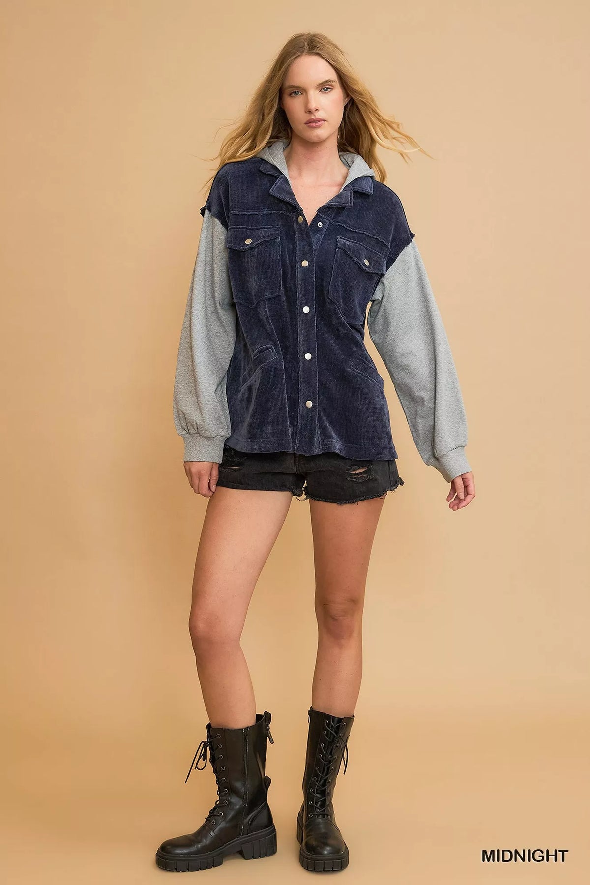 Umgee Contrast Hooded Chenille Jacket