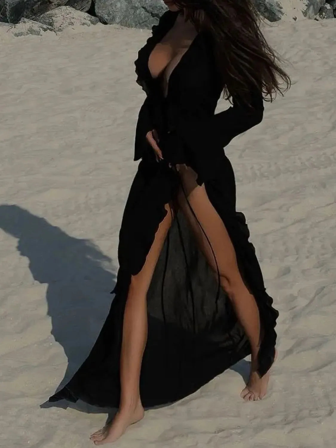 Ruffled Long Sleeve Cover-Up Dress