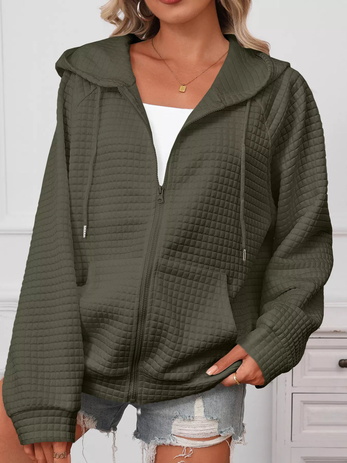 Full Size Textured Quilted Zip-Up Hooded Jacket Plus Size