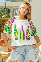 BiBi Sequin Mardi Gras Bottles Spangled Sleeve Top